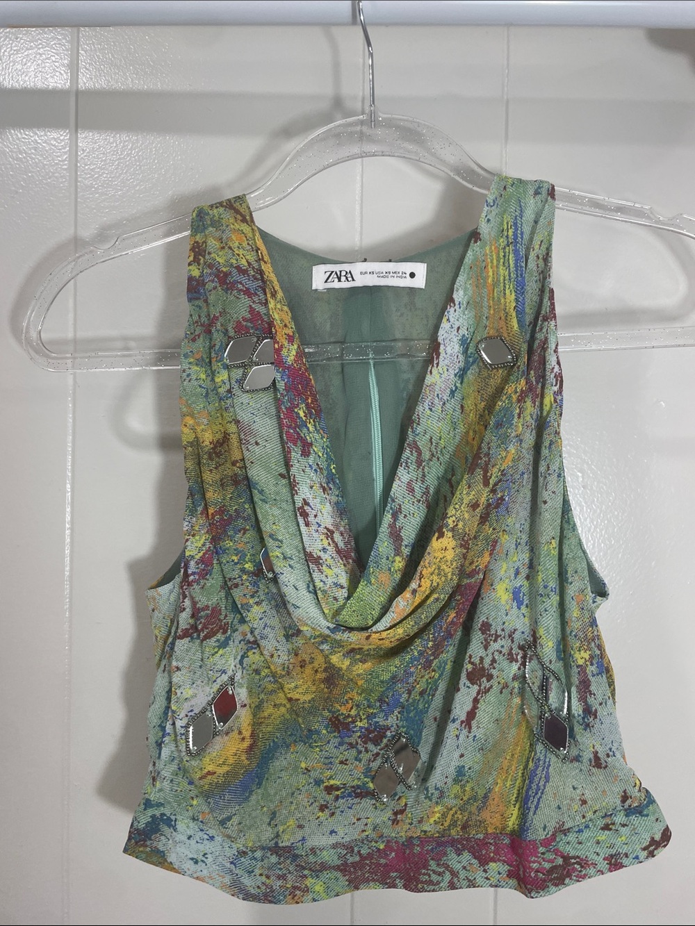 Zara Multicolor Green Draped Camisole with Mirror Accents - Picture 1 of 6